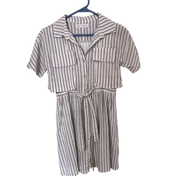 Zara Girls Striped Button-Up Shirt Dress With Belt 13-14 Years - Picture 1 of 12